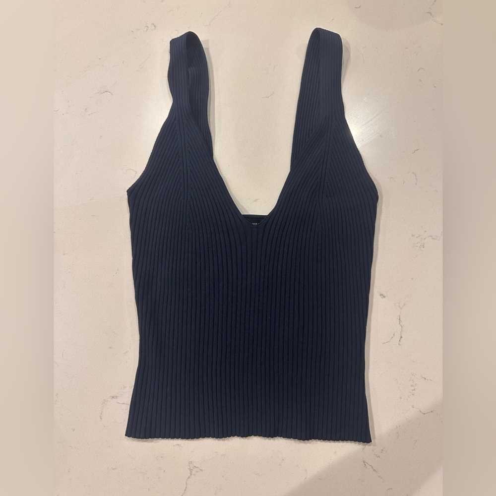 Good American Navy Ribbed V-Neck Tank Top